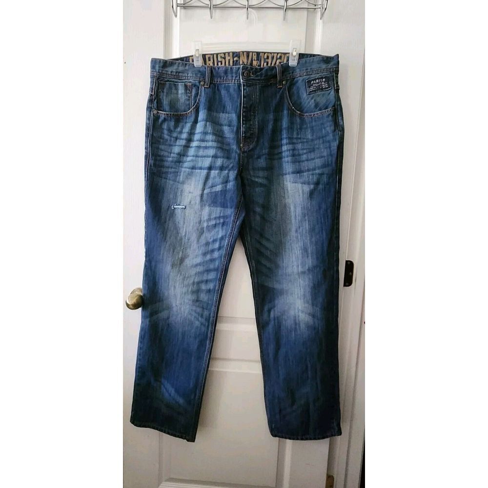 Parish Mens Blue Straight Leg Denim Jeans Size 42x32